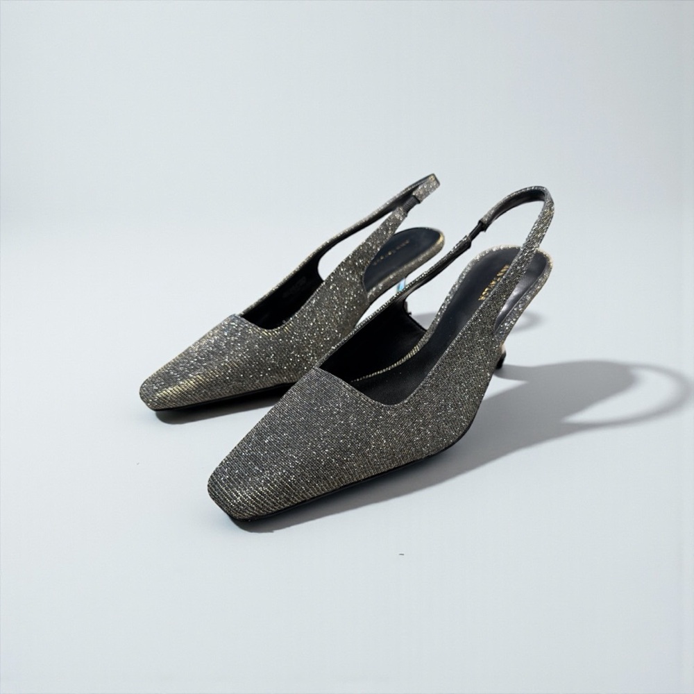 NWT Ann Taylor Black and Silver Slingback Heels